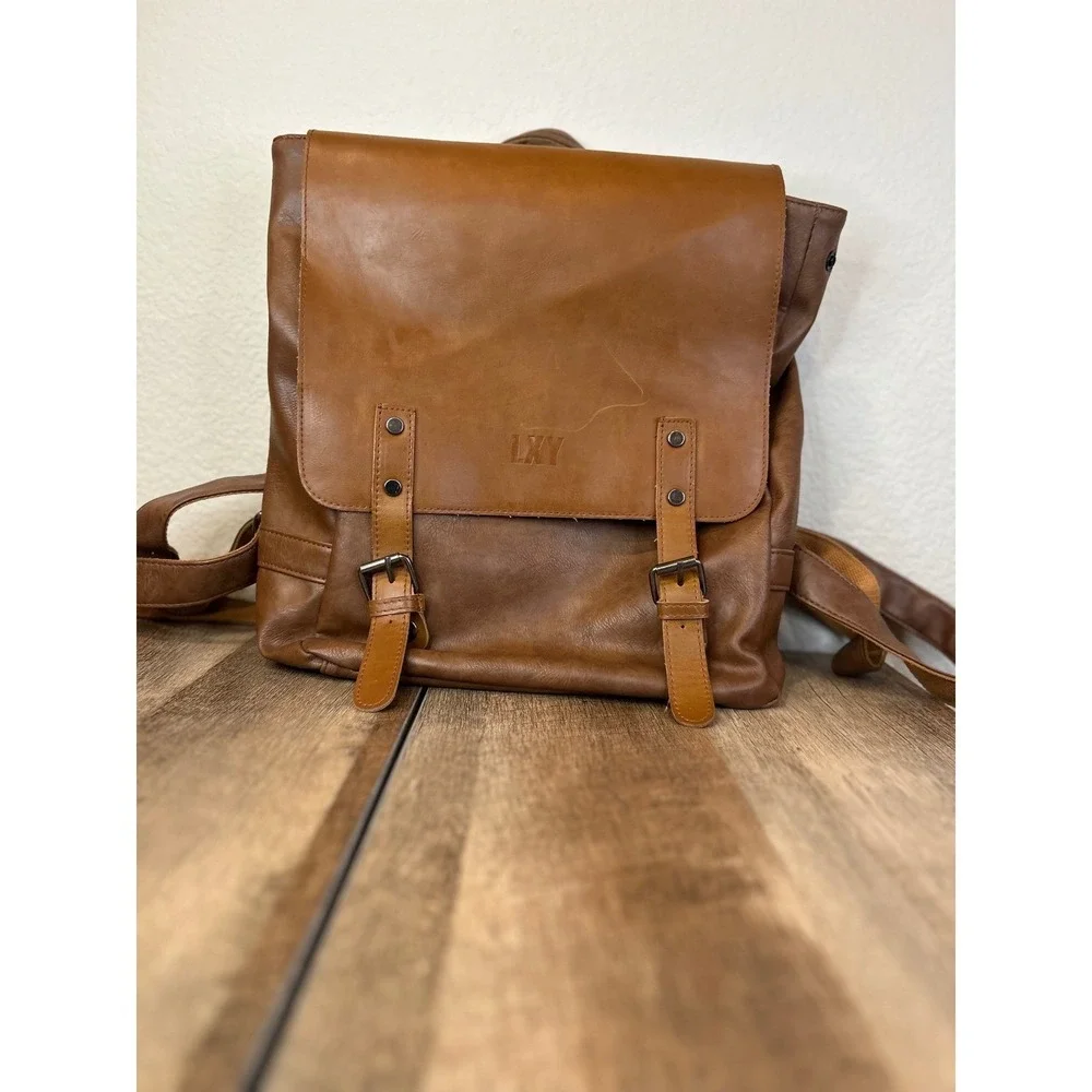 LXY Brown Faux Leather‎ Flap Buckle Backpack Casual Everyday Travel School